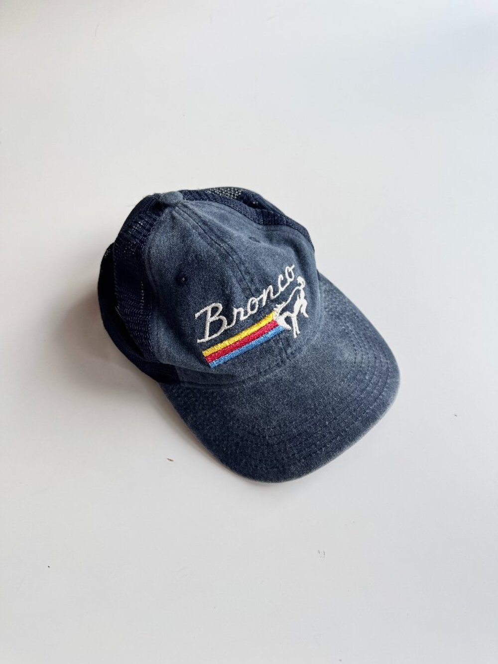 American Needle FORD BRONCO Blue Logo Embroidered Washed Denim Mesh Trucker Hat